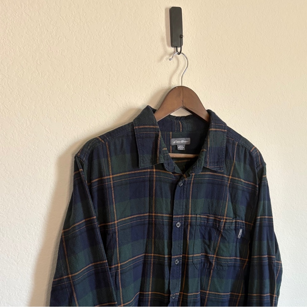 Eddie Bauer 100% Cotton Flannel Shirt - Navy, Green & Gold Plaid, Size XL - Picture 3 of 8